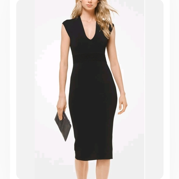MICHAEL Michael Kors Dresses & Skirts - MICHAEL Kors V- Neck Knit Black Bodycon Midi Dress